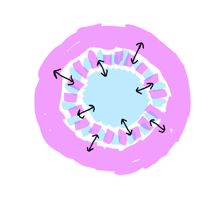 Concentric circular diagram showing cellular pattern of territory support. Center shows Known nucleus (solid blue), surrounded by Knowable membrane (blue/pink stripes), all contained within Unknown field (pink). Bidirectional arrows suggest flow/exchange at each boundary. The whole demonstrates how each territory's natural position creates support for the others.